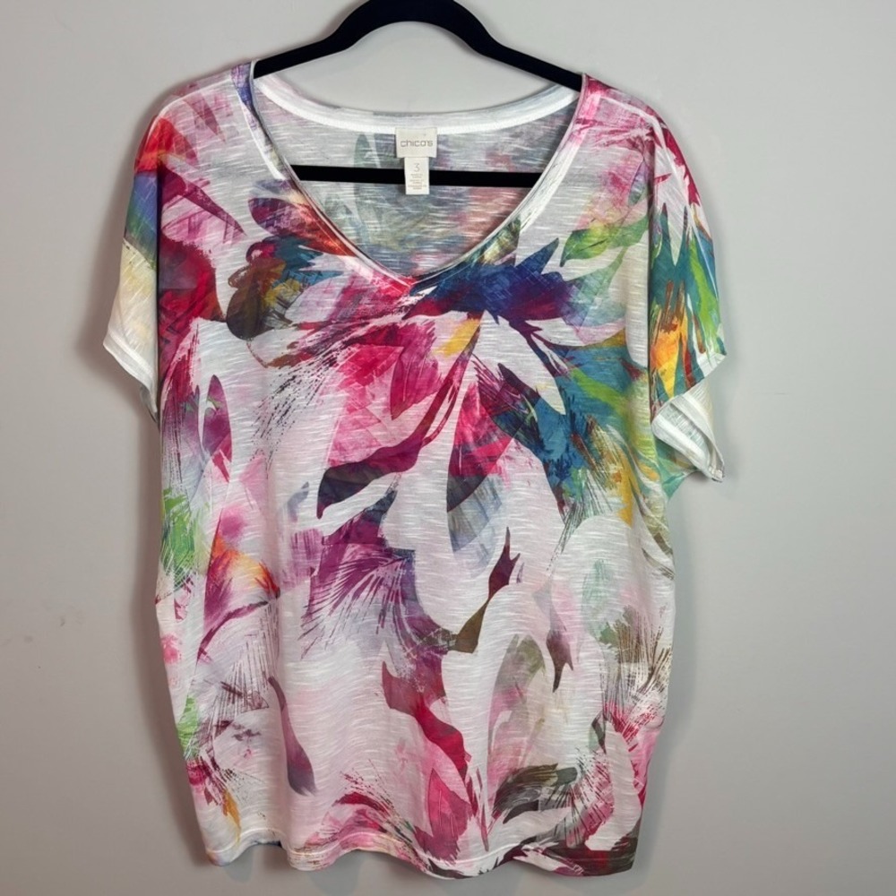 Chico's Womens Multicolor Floral Short Sleeve Lightweight Tee sz 3/XL Resortwear